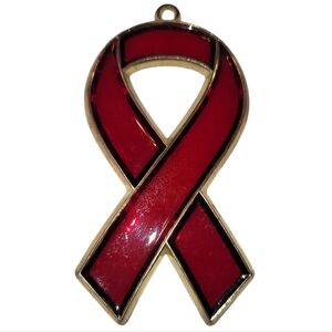 Vintage Handmade Stained Glass Red Ribbon Awareness Suncatcher Ornament